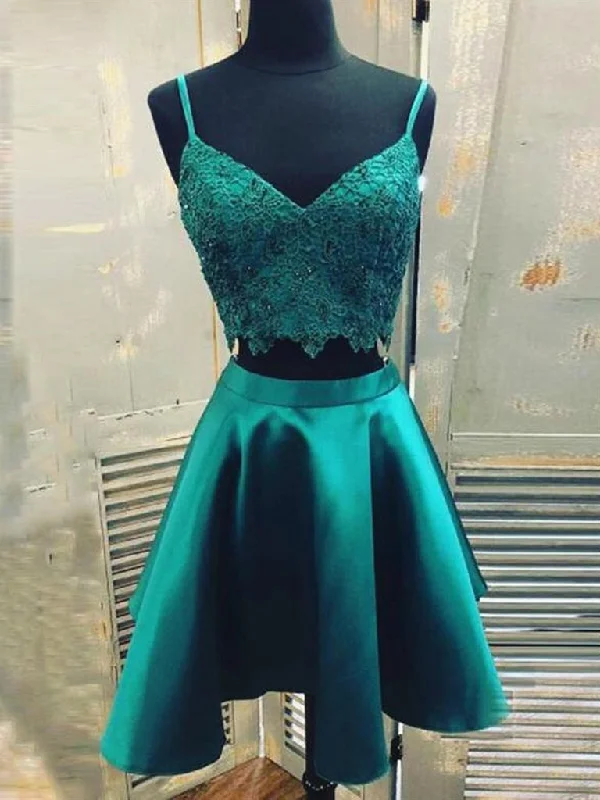 V Neck 2 Pieces Green Lace Short Prom Dresses, Two Pieces Short Green Formal Homecoming Dresses V Neck 2 Pieces Green Lace Short Prom Dresses, Two Pieces Short Green Formal Homecoming Dresses