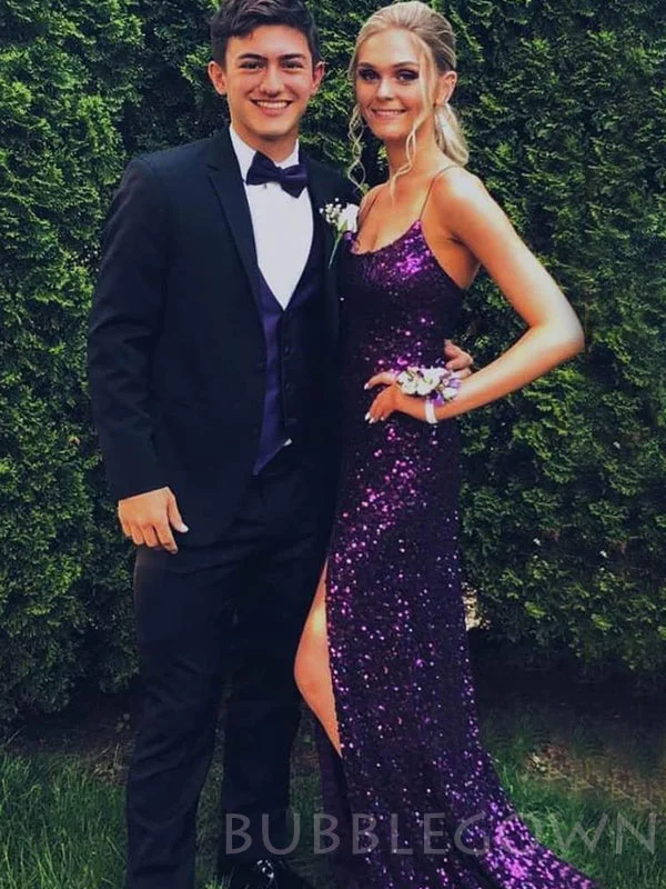 Purple Sequins Spaghetti Straps Side Slit Long Backless Evening Prom Dresses, Cheap Custom Prom Dresses, MR7656 Purple Sequins Spaghetti Straps Side Slit Long Backless Evening Prom Dresses, Cheap Custom Prom Dresses, MR7656