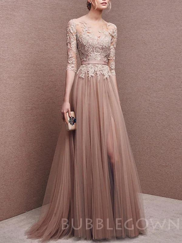 A-line Long Sleeves Taupe Tulle Side Slit Long Lace Evening Prom Dresses, Cheap Custom Prom Dress, MR7718 A-line Long Sleeves Taupe Tulle Side Slit Long Lace Evening Prom Dresses, Cheap Custom Prom Dress, MR7718