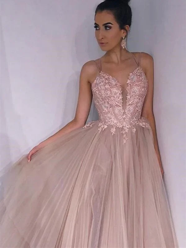 A Line Spaghetti Straps Backless Pink Lace Appliques Champagne Prom Dresses, Lace Champagne Formal Dresses, Champagne Evening Dresses A Line Spaghetti Straps Backless Pink Lace Appliques Champagne Prom Dresses, Lace Champagne Formal Dresses, Champagne Evening Dresses
