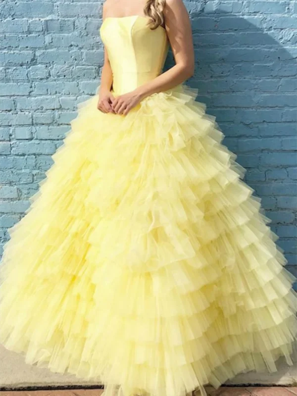 Yellow Ball Gown Strapless Satin Tulle Tiered Floor Length Prom Dresses,Yellow Ball Gown Strapless Satin Tulle Formal Evening Dresses Yellow Ball Gown Strapless Satin Tulle Tiered Floor Length Prom Dresses,Yellow Ball Gown Strapless Satin Tulle Formal Evening Dresses