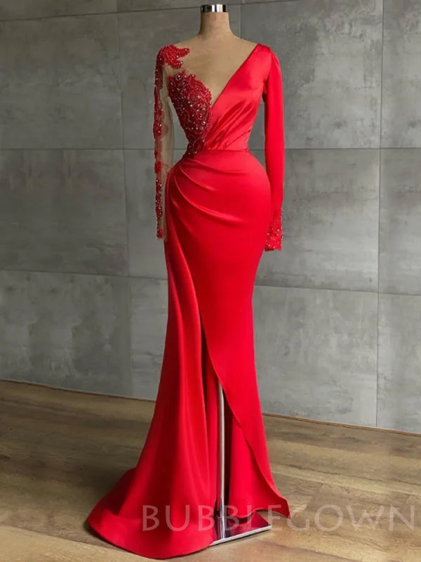 Mermaid Red Satin V-neck Appliques Long Evening Prom Dresses, Cheap Custom prom dresses, MR7705 Mermaid Red Satin V-neck Appliques Long Evening Prom Dresses, Cheap Custom prom dresses, MR7705