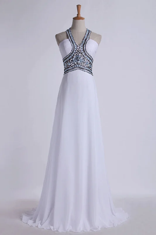 2024 Halter Prom Dresses A-Line Pick Up Long Chiffon Skirt Ruffled With Crystal PB5R89GR 2024 Halter Prom Dresses A-Line Pick Up Long Chiffon Skirt Ruffled With Crystal PB5R89GR