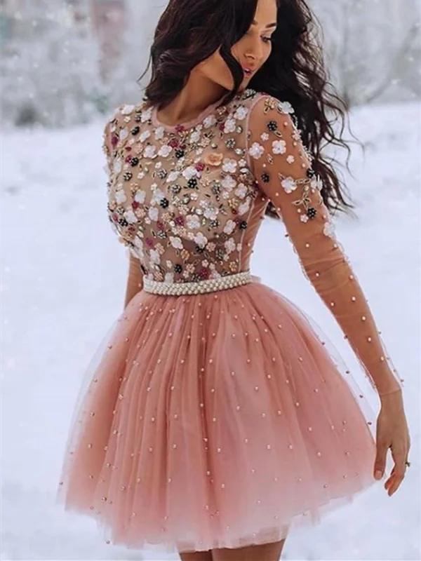 Blush Pink Short Prom Dresses 3D Flowers Beaded Formal Dresses, Pink Short Homecoming Dresses Blush Pink Short Prom Dresses 3D Flowers Beaded Formal Dresses, Pink Short Homecoming Dresses