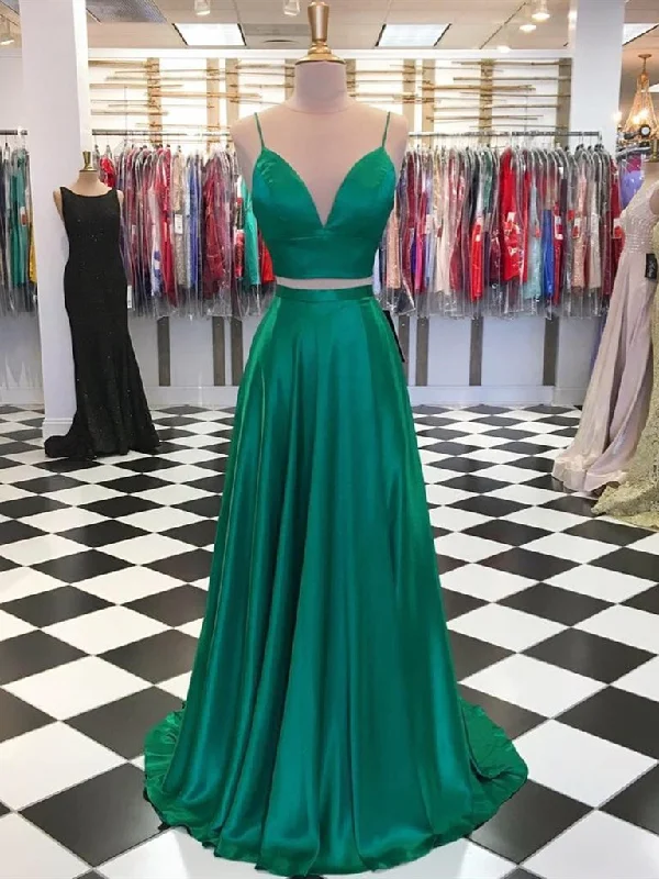 V Neck 2 Pieces Green Prom Dresses, Two Pieces Green Formal Graduation Evening Dresses V Neck 2 Pieces Green Prom Dresses, Two Pieces Green Formal Graduation Evening Dresses