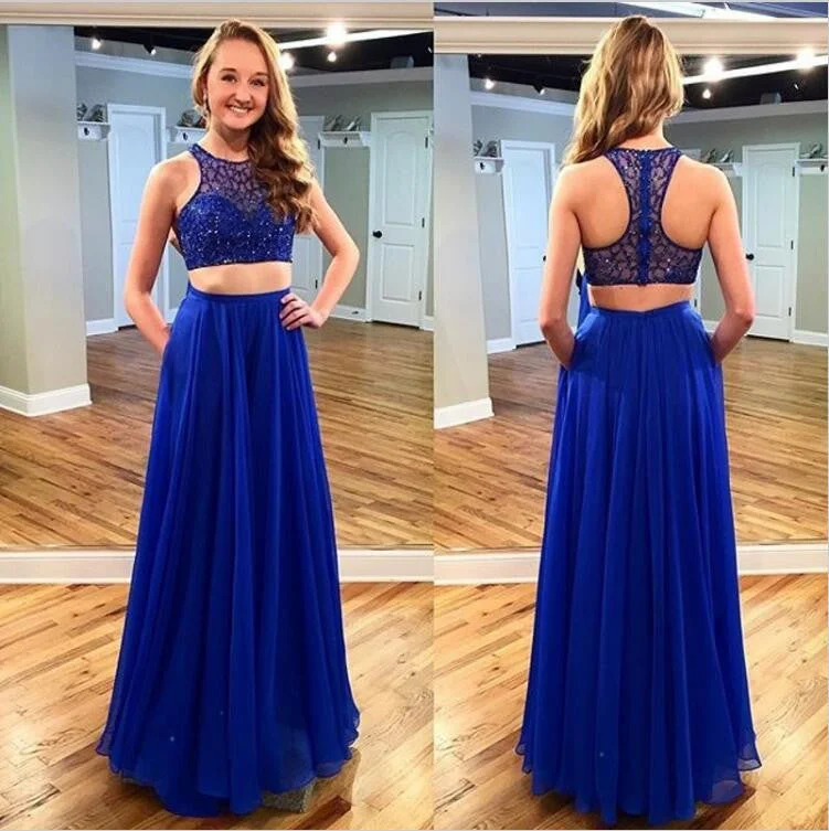 Royal BlueTwo Pieces Junior Cheap Chiffon Pretty Long Prom Dresses, WG505