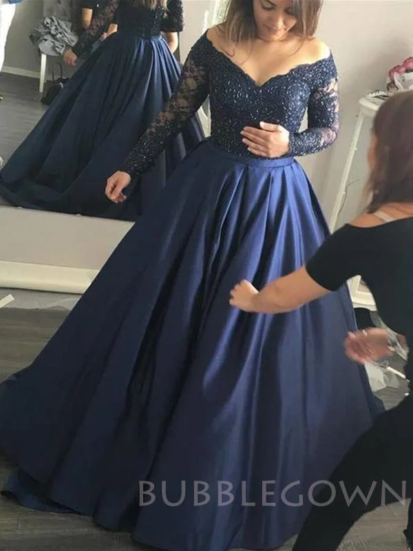 Off Shoulder Navy Blue Satin A-line Beaded Long Evening Prom Dresses, Cheap Custom prom dresses, MR7759 Off Shoulder Navy Blue Satin A-line Beaded Long Evening Prom Dresses, Cheap Custom prom dresses, MR7759