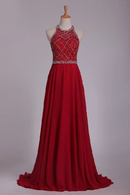 2024 Halter A Line Prom Dresses Beaded Bodice Sweep Train Chiffon & Tulle Open P2SGM753 2024 Halter A Line Prom Dresses Beaded Bodice Sweep Train Chiffon & Tulle Open P2SGM753