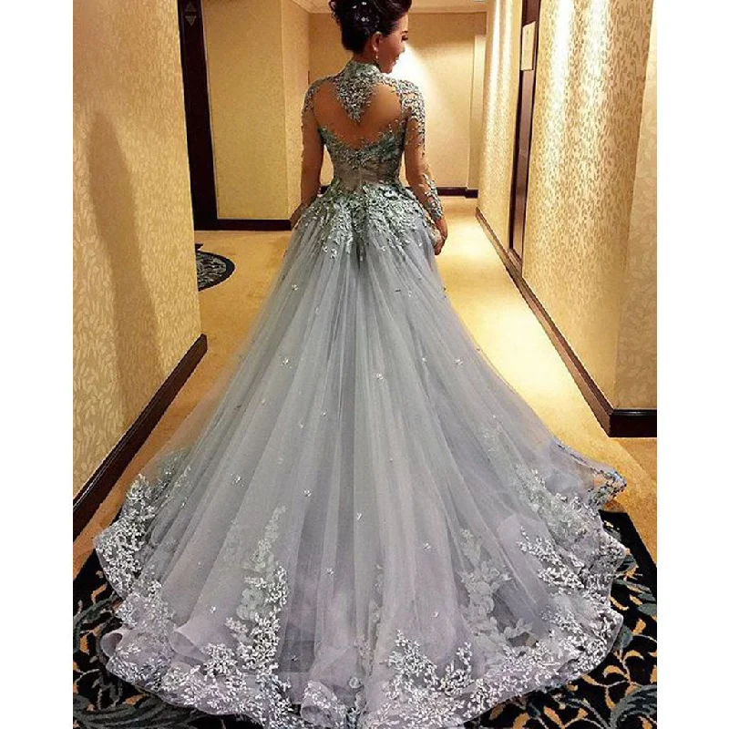 Charming High Neck Long Sleeve See Through Back Grey Affordable Long Prom Dress Gown, WG266 Charming High Neck Long Sleeve See Through Back Grey Affordable Long Prom Dress Gown, WG266