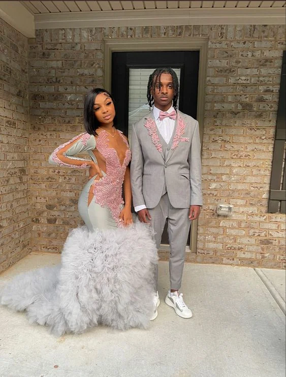 Grey Mermaid Prom Dress with Pink Appliques,Chic Grey Formal Dress Y1906