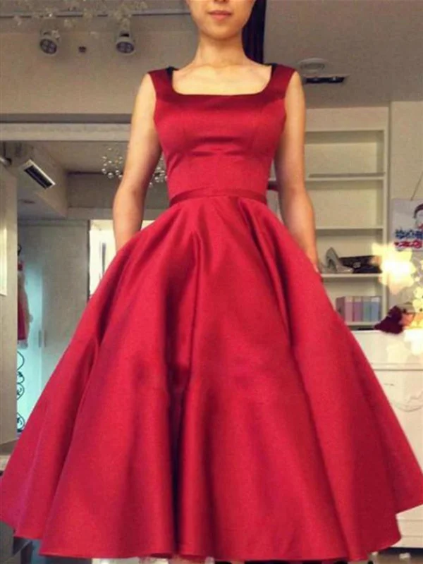 Ball Gown Square Neckline Red Short Satin Backless Prom Dresses, Red Short Backless Homecoming Dresses Ball Gown Square Neckline Red Short Satin Backless Prom Dresses, Red Short Backless Homecoming Dresses