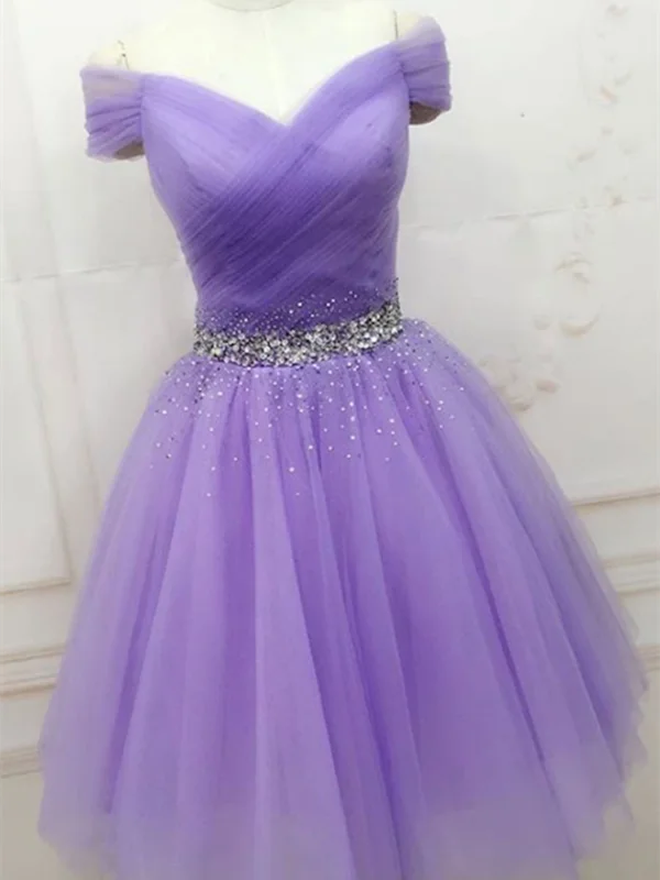 A Line Off The Shoulder Purple Tulle Short Prom Dresses, Off Shoulder Purple Short Evening Homecoming Dresses A Line Off The Shoulder Purple Tulle Short Prom Dresses, Off Shoulder Purple Short Evening Homecoming Dresses