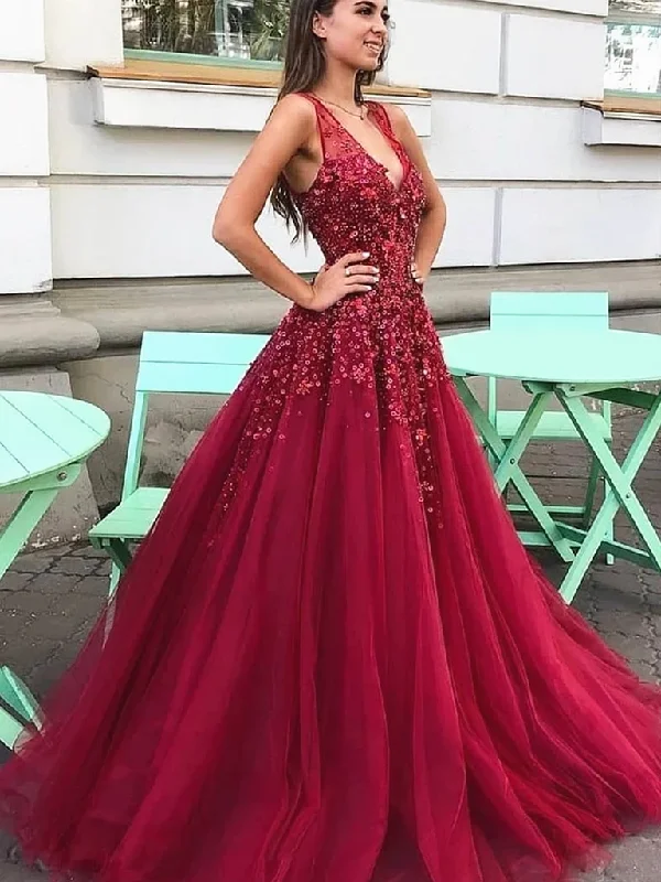 V Neck Burgundy Beaded Tulle Long Prom Dresses, Burgundy V Neck Tulle Formal Evening Dresses V Neck Burgundy Beaded Tulle Long Prom Dresses, Burgundy V Neck Tulle Formal Evening Dresses
