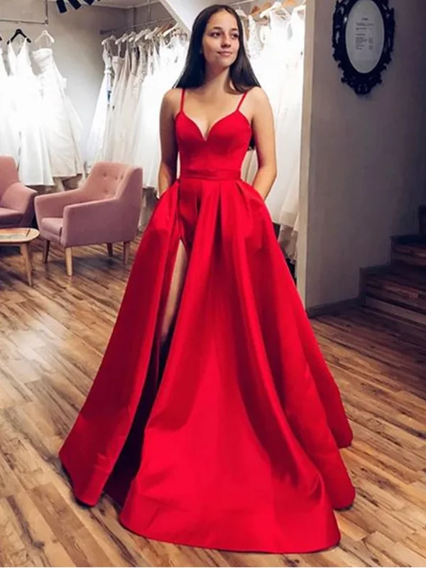 V Neck Red Satin Long Prom Dresses with High Slit, Red Formal Graduation Evening Dresses V Neck Red Satin Long Prom Dresses with High Slit, Red Formal Graduation Evening Dresses