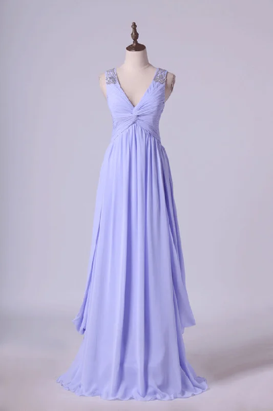 2024 Beautiful Prom Dresses A Line V Neck Floor Length Chiffon With Beaded P8T3L3YX