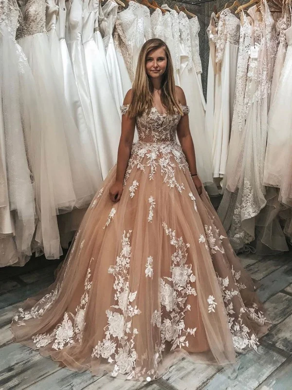 Stylish Off Shoulder Champagne Tulle Lace Long Prom Dress, Off Shoulder Champagne Lace Long Evening Dress Stylish Off Shoulder Champagne Tulle Lace Long Prom Dress, Off Shoulder Champagne Lace Long Evening Dress