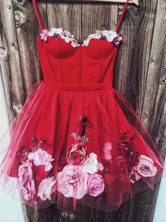 Sweetheart Neck Red Short 3D Floral Prom Dresses, Red Floral Short Formal Homecoming Dresses Sweetheart Neck Red Short 3D Floral Prom Dresses, Red Floral Short Formal Homecoming Dresses