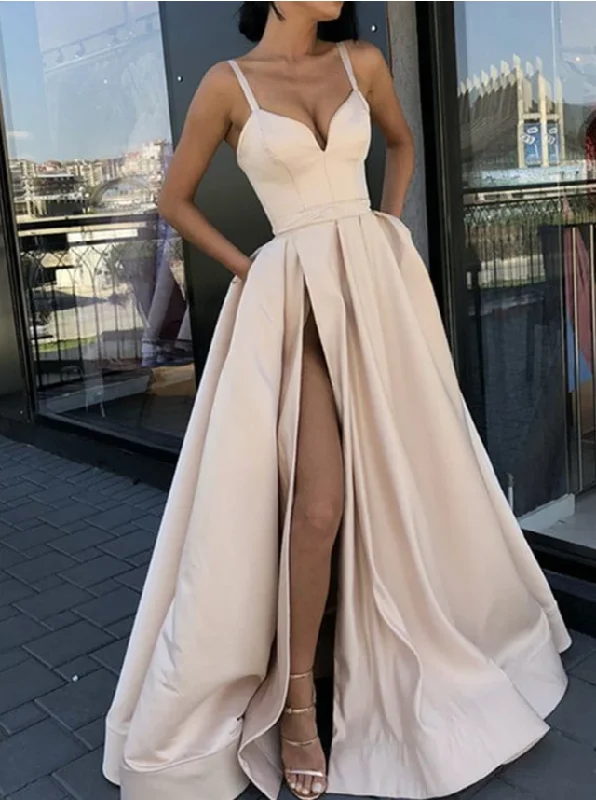 Custom Made A Line Champagne/ Burgundy Spaghetti Straps Prom Dress with High Slit, Ball Dresses, Formal Graduation Dresses Custom Made A Line Champagne/ Burgundy Spaghetti Straps Prom Dress with High Slit, Ball Dresses, Formal Graduation Dresses