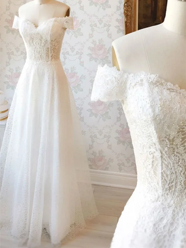 White Lace Off Shoulder Long Prom Dresses, White Lace Off The Shoulder Formal Evening Dresses White Lace Off Shoulder Long Prom Dresses, White Lace Off The Shoulder Formal Evening Dresses