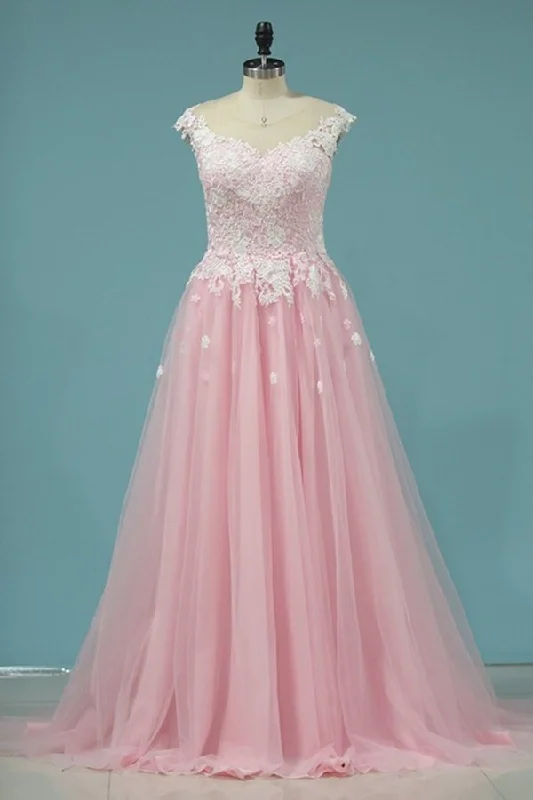 2024 Prom Dresses A Line Scoop With Applique Tulle PK7A896H