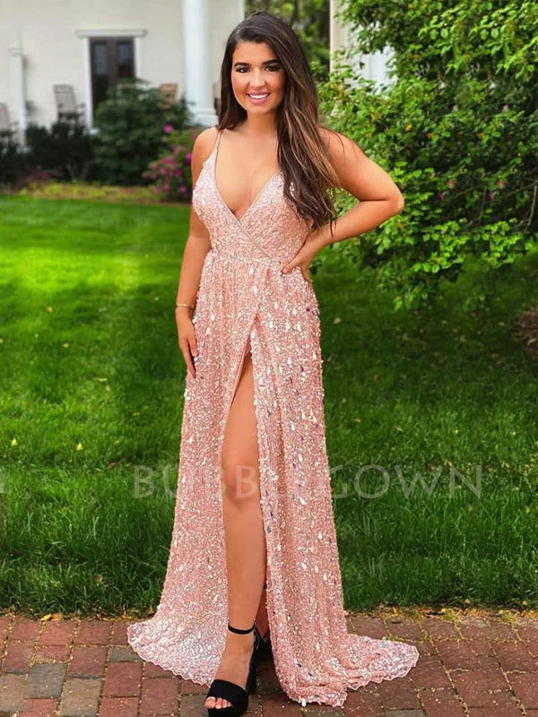 Pink Sequin Spaghetti Straps V Neck High Slit Long Evening Prom Dresses, Cheap Custom Prom Dresses, MR7622 Pink Sequin Spaghetti Straps V Neck High Slit Long Evening Prom Dresses, Cheap Custom Prom Dresses, MR7622