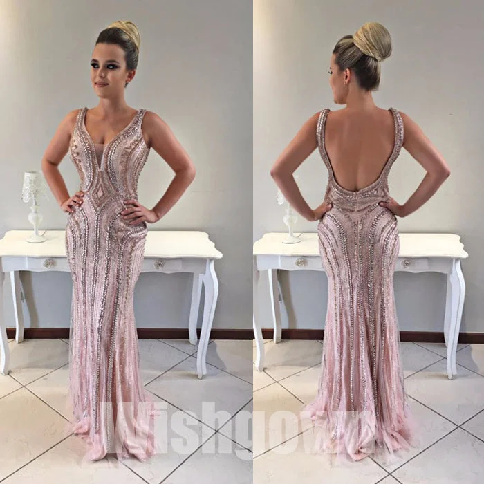 Pink Mermaid Open Back Beaded Inexpensive Evening Long Prom Dresses, WG1080