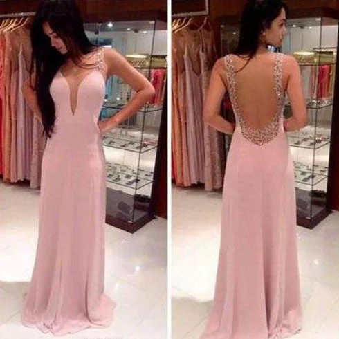 Simple Elegant Junior See Through Back Deep V Neck Pink Cheap Long Prom Dresses, WG240 Simple Elegant Junior See Through Back Deep V Neck Pink Cheap Long Prom Dresses, WG240