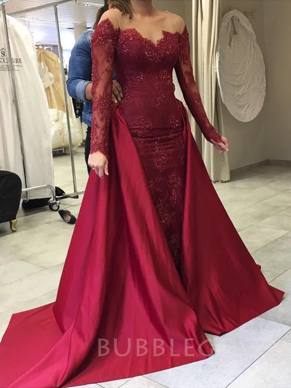 Mermaid Burgundy Lace Long Sleeves Applique bateau Long Evening Prom Dresses, MR7765 Mermaid Burgundy Lace Long Sleeves Applique bateau Long Evening Prom Dresses, MR7765