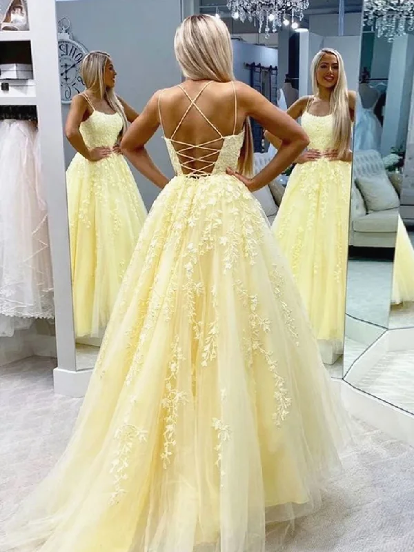 Yellow Backless Tulle Lace Long Prom Dresses, Backless Yellow Lace Formal Evening Dresses Yellow Backless Tulle Lace Long Prom Dresses, Backless Yellow Lace Formal Evening Dresses