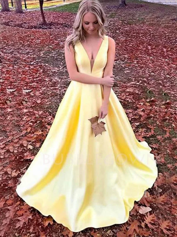 A-line Yellow Satin V Neck Long V-back Evening Prom Dresses, Cheap Custom prom dresses, MR7646 A-line Yellow Satin V Neck Long V-back Evening Prom Dresses, Cheap Custom prom dresses, MR7646