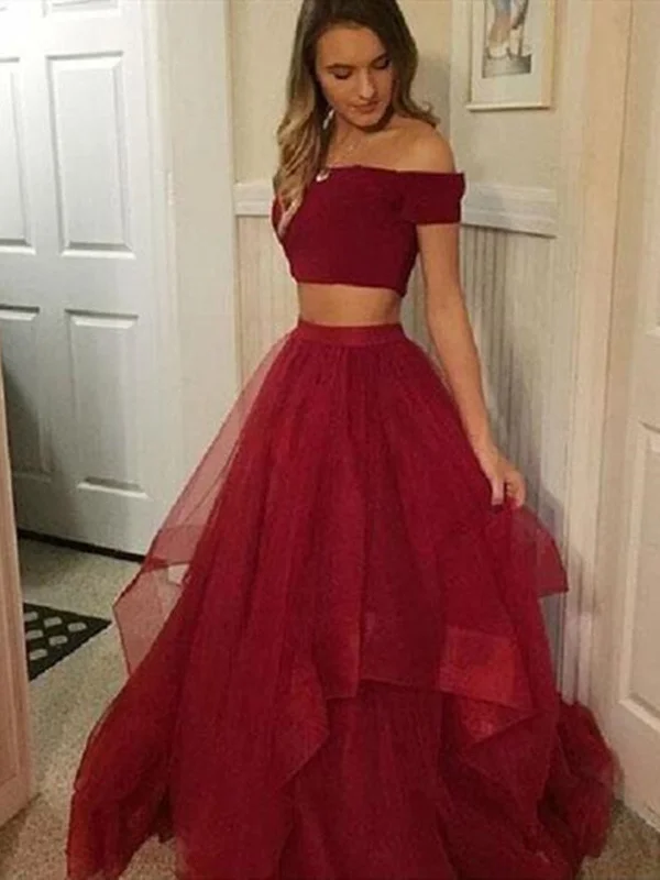 Off Shoulder Two Piece Ruffled Tulle Burgundy Ball Gown Dress, 2 Piece Burgundy Prom Dress, Formal Evening Dress Off Shoulder Two Piece Ruffled Tulle Burgundy Ball Gown Dress, 2 Piece Burgundy Prom Dress, Formal Evening Dress