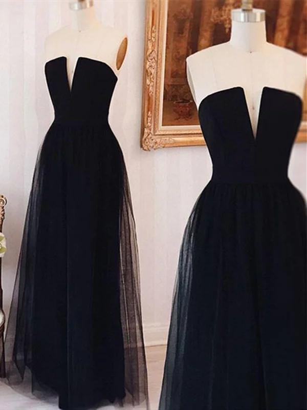 Simple Strapless Strap Tulle Black Long Prom Dress, Strapless Strap Tulle Black Long Formal Dress Simple Strapless Strap Tulle Black Long Prom Dress, Strapless Strap Tulle Black Long Formal Dress