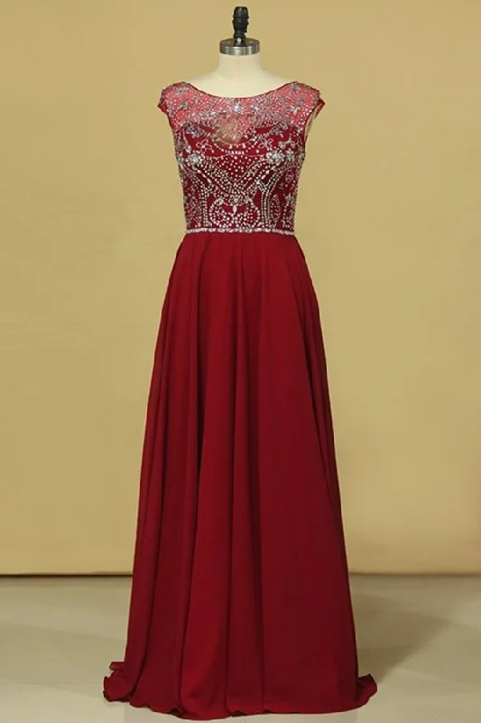 2024 Burgundy Prom Dresses A-Line Scoop Floor-Length Chiffon Beaded PL1DCFR7