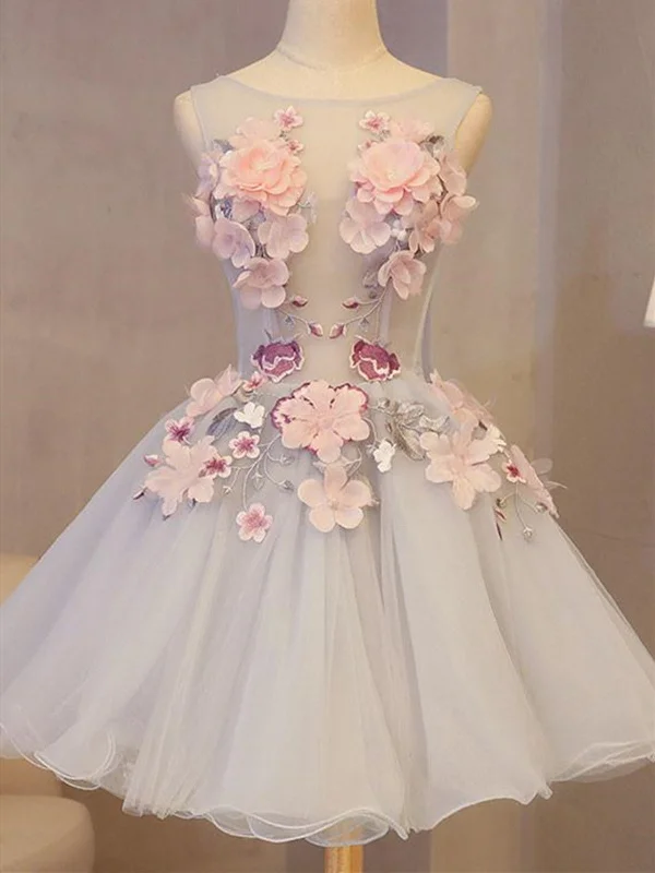 Silver Gray Sleeveless Appliqued Short Homecoming Dress with Flowers, Mini Grey Appliqued Short Prom Dress Silver Gray Sleeveless Appliqued Short Homecoming Dress with Flowers, Mini Grey Appliqued Short Prom Dress