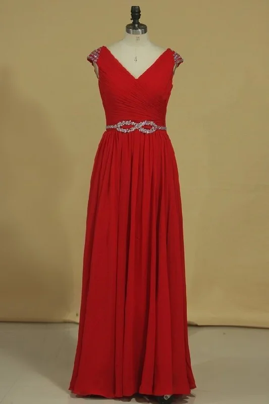 2024 A Line V Neck Chiffon Prom Dresses With Beads And Ruffles Floor PKJFJGGK
