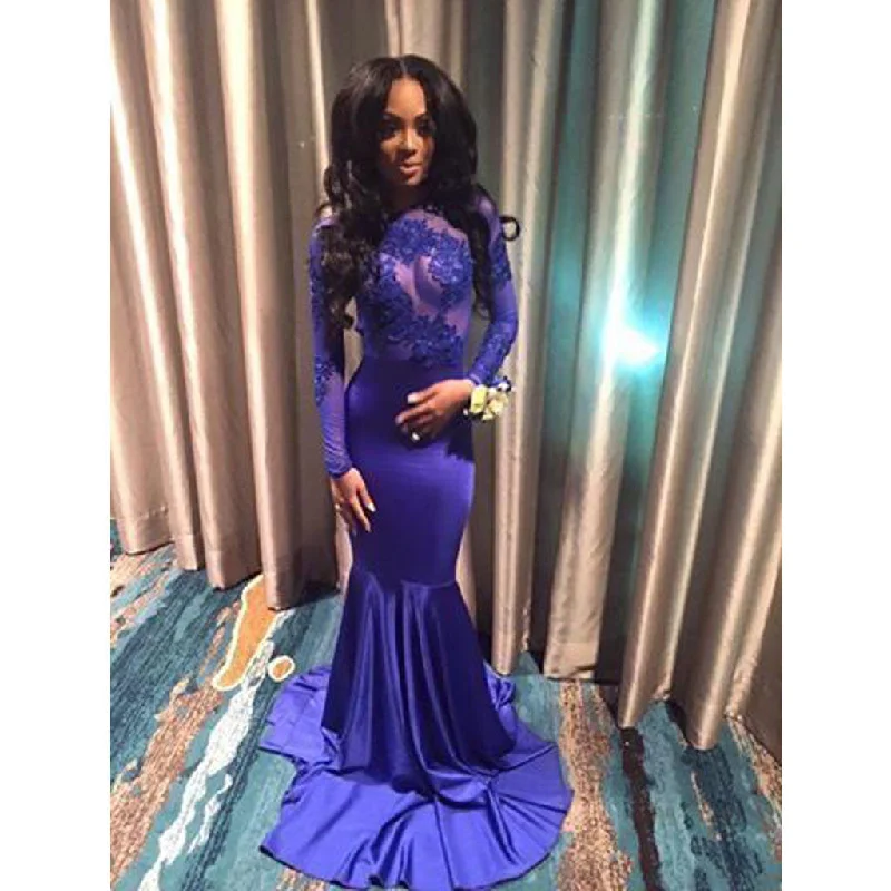 Royal Blue Long Sleeves See Through Sexy Mermaid Applique Long Evening Prom Dresses, WG260 Royal Blue Long Sleeves See Through Sexy Mermaid Applique Long Evening Prom Dresses, WG260