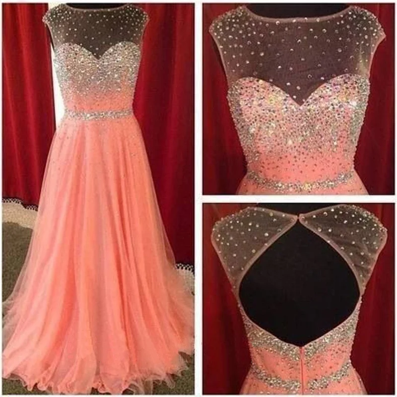 Open Back Beautiful Cap Sleeve Peach Sparkle Inexpensive Evening Long Prom Dresses, WG219