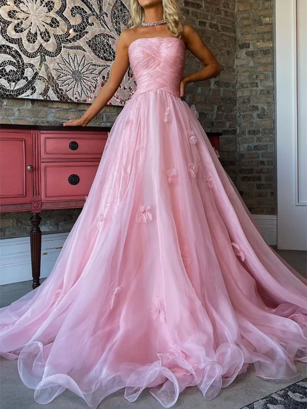 A Line Strapless Pink Tulle Applique Long Prom Dresses, Pink Tulle Applique Long Formal Evening Dresses A Line Strapless Pink Tulle Applique Long Prom Dresses, Pink Tulle Applique Long Formal Evening Dresses