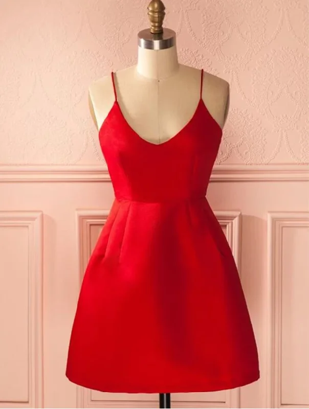 A Line Spaghetti Straps Red Backless Short Prom Dresses, Red Satin Short Homecoming Graduation Formal Dresses A Line Spaghetti Straps Red Backless Short Prom Dresses, Red Satin Short Homecoming Graduation Formal Dresses
