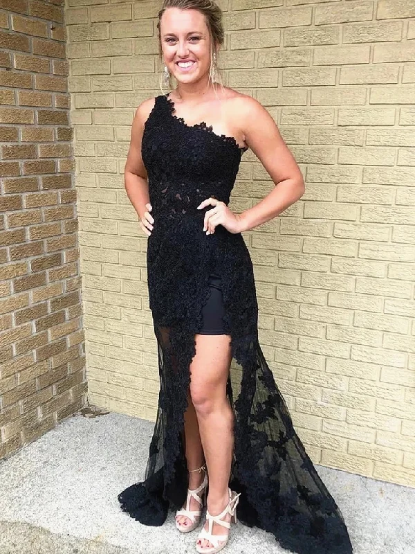 One Shoulder Black Lace Prom Dresses, One Shoulder Long Black Lace Formal Evening Dresses