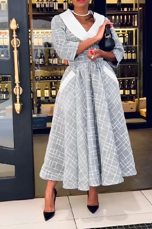 Elegant Contrasting Geometric Lapel Dress