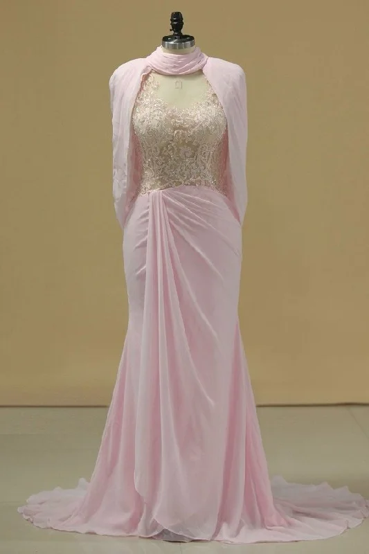 2024 Hot High Neck Prom Dresses Beaded Bodice Chiffon Sweep PPM8T6XR