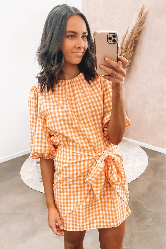Abigail Mini Dress Orange Gingham Chic Sleeveless Mini Dress