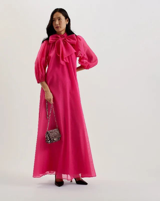 Adaifi Sheer Organza Tie Neck Maxi Dress Brt-Pink Fashionable High-Low Maxi Dress