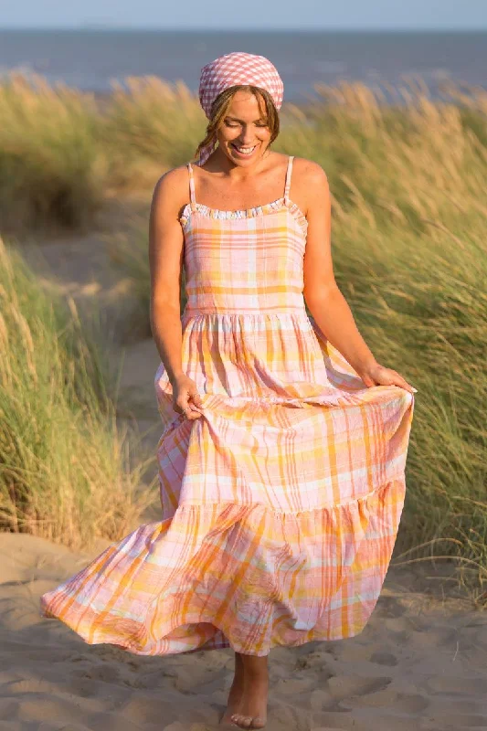 Alice Maxi Dress in Strawflower Pink Tartan Chic Off-Shoulder Maxi Dress