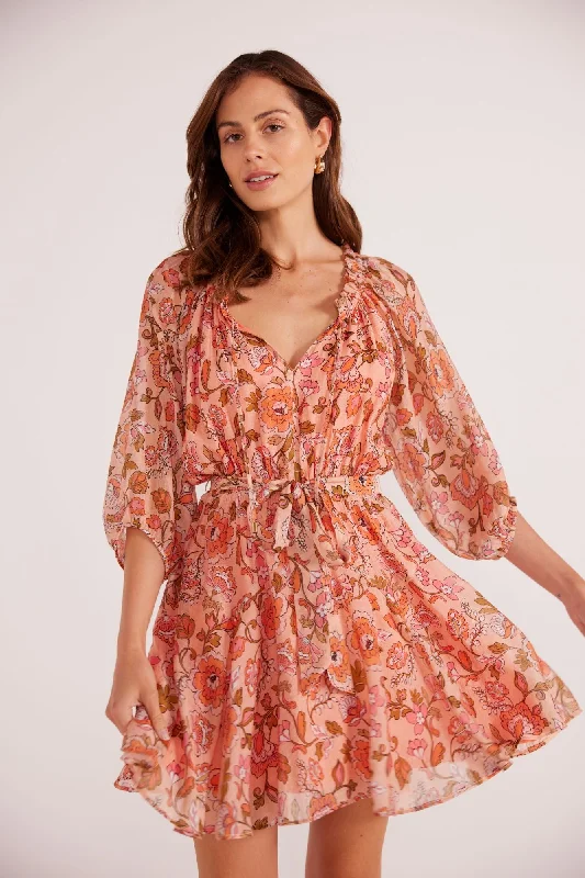 Amelia Puff Sleeve Mini Dress | Peach Floral Chic Mini Dress with V-Neck