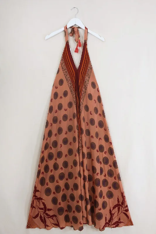 Athena Maxi Dress - Vintage Sari - Chrome Rose & Stone Moons - Free Size L/XL Cozy Cold-Shoulder Maxi Dress Athena Maxi Dress - Vintage Sari - Chrome Rose & Stone Moons - Free Size L/XL Cozy Cold-Shoulder Maxi Dress