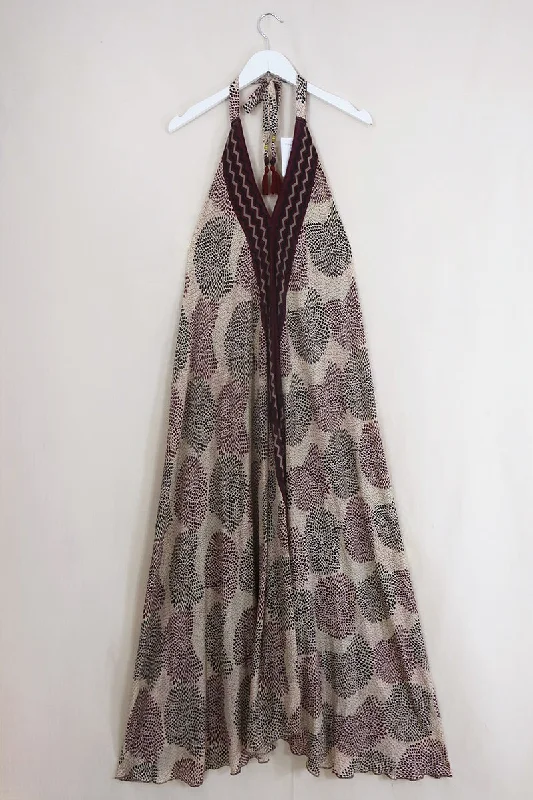 Athena Maxi Dress - Vintage Sari - Midnight Purple & Black Hydrangeas - Free Size L/XL Stylish V-Neck Maxi Dress Athena Maxi Dress - Vintage Sari - Midnight Purple & Black Hydrangeas - Free Size L/XL Stylish V-Neck Maxi Dress