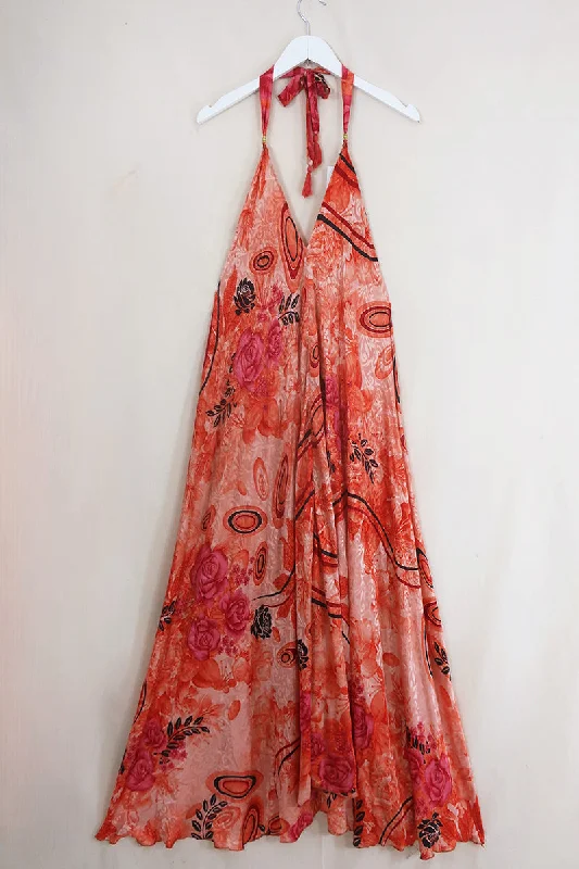 Athena Maxi Dress - Vintage Sari - Powder & Peach Jacquard - Free Size L/XL Elegant Lace-Up Maxi Dress Athena Maxi Dress - Vintage Sari - Powder & Peach Jacquard - Free Size L/XL Elegant Lace-Up Maxi Dress