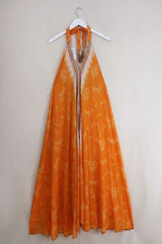 Athena Maxi Dress - Vintage Sari - Rising Sun Orange - Free Size L/XL Comfortable Ruffle Maxi Dress Athena Maxi Dress - Vintage Sari - Rising Sun Orange - Free Size L/XL Comfortable Ruffle Maxi Dress